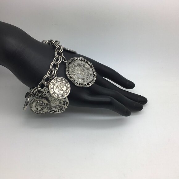 Judy Lee Faux Coins Charm Bracelet Napoleon Queen Victoria Silver Tone Vintage - Picture 2 of 4